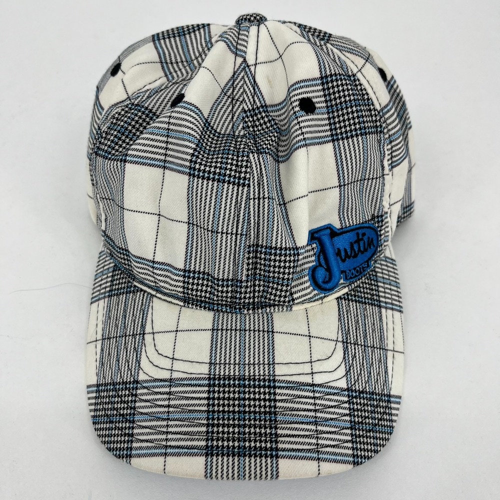 Justin Boots Plaid Flexfit Baseball Cap Hat Blue White Black M&F Western